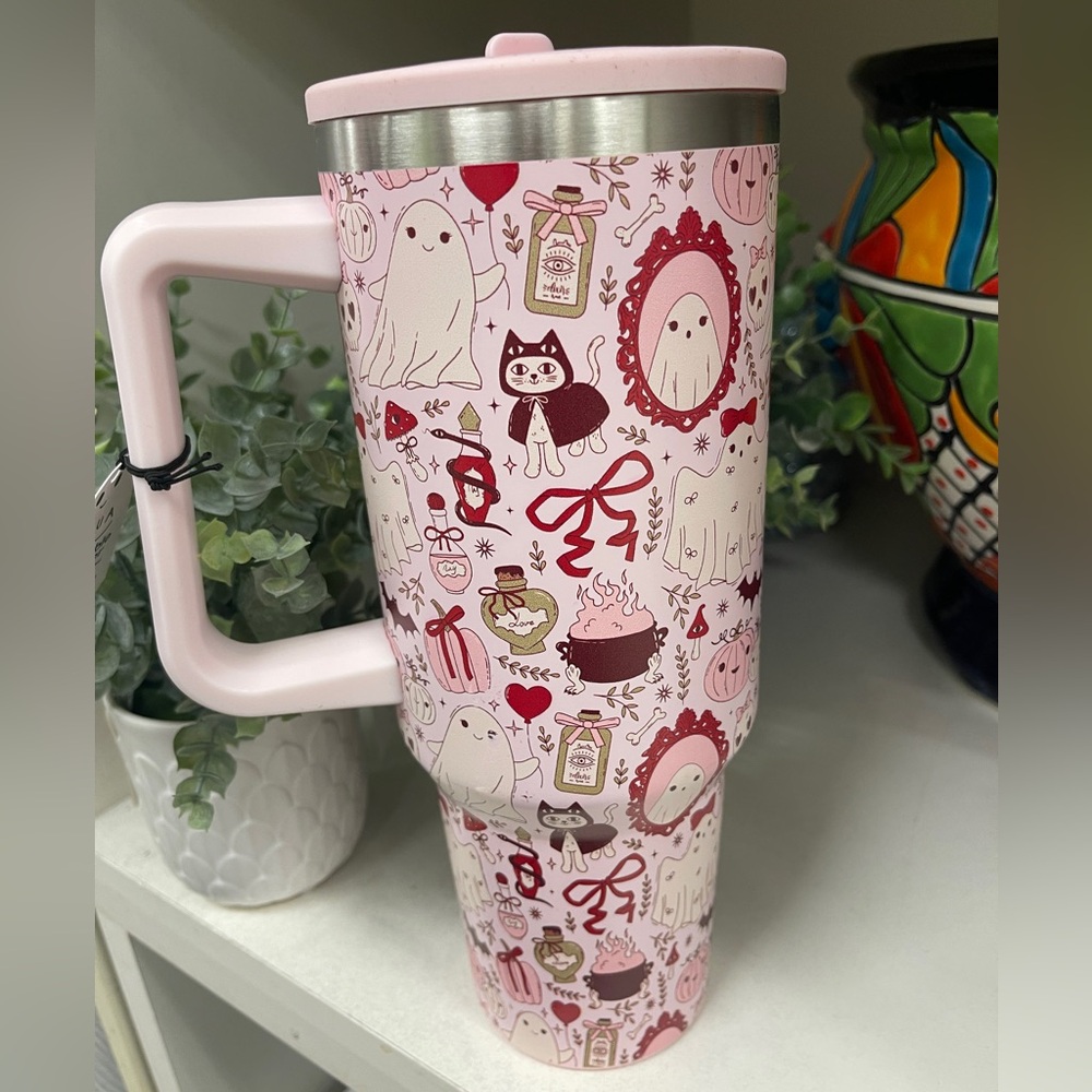 Pink Halloween Ghosts Cats Bows Insulated Stainless Tumbler w/Lid Straw 40ozNWT